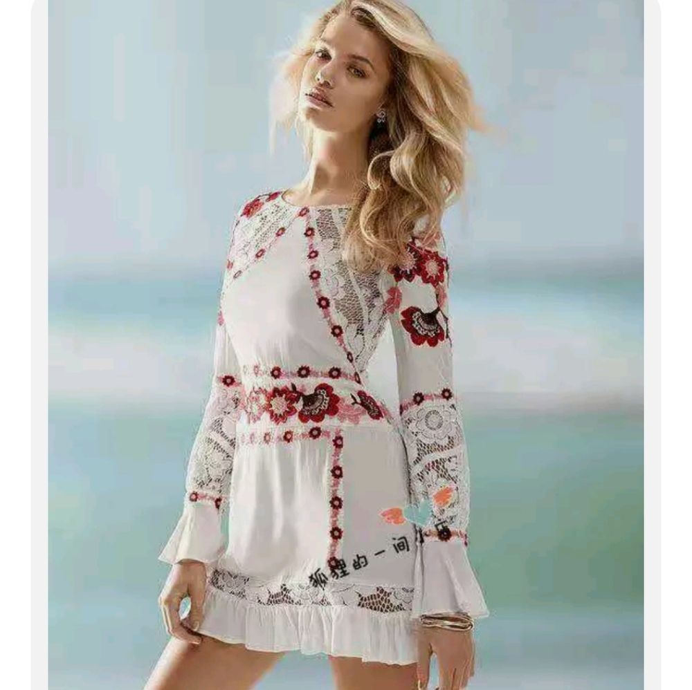 For Love & Lemons White Lace Longsleeve Peach & Burgundy Embroidered Dress